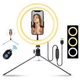 AGM 10" LED Selfie Ringlicht mit Mini-Tischstativ, Telefonhalter | Bluetooth-Fernbedienung für Live-Streaming-Fotografie Videografie…