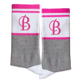 FujLoy Hot Pink and Gray Striped Crew Socks with The Letter B, Monogram Socks For Men Women Teens.Gift For Family & Friends Birthday, Graduation & Back To School.(002)