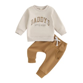 Himllauen 2 Pcs Baby Boy Girl Autumn Winter Outfits Newborn Letter Print/Contrast Color Long Sleeve Round Neck Sweatshirt+Solid Color Pants Set Toddler Pants Suits (Brown, 12-18 Months)