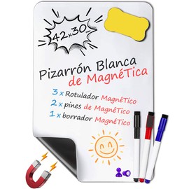 OUPEI - Pizarrón Blanco Magnético para Refrigerador, A3/A4 de Pizarra Iman Flexible de Nevera con Accesorios 3 Plumones, Imanes y Borrador para Notas y Recordatorios Diario (A3_42x30cm)
