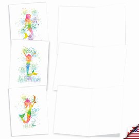 The Best Card Company - 10 Watercolor Blank Cards with Envelopes (4 x 5.12 Inch) Cute Animals, All Occasion Note Cards for Kids - Funky Rainbow Mermaids AM6863OCB-B1x10
