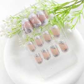 White French Tip Press on Nails Medium Square Nails Press ons with Silver Glitter Sequins Designs Nude Glue on Nails Medium Fake Nails Glossy Acrylic Artificial False Nails for Girls Women 24Pcs