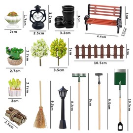 Miniature Garden Accessories, 16 Pieces Miniature Garden Tools, Mini Garden Decoration Set, Miniature Garden Decoration Dollhouse Accessories, Street Light Garden, Garden Bench