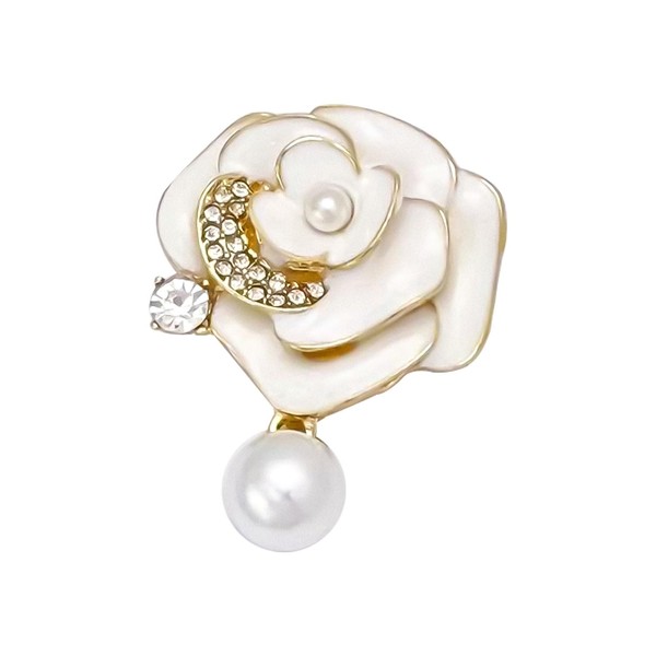 Elegant White Rose Flower Brooch Pin with Crystal Accents and