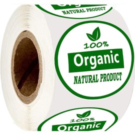 100% Organic Natural Product Labels, 1.25 Inch Round Adhesive Stickers for Food Package, Box, Bags, 500 Count