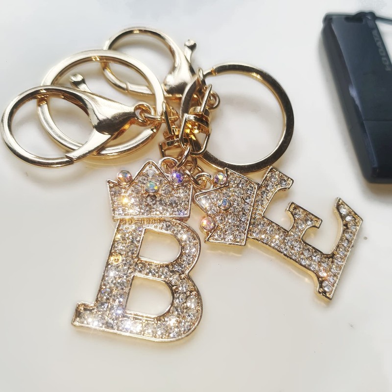 Gold Metal Initial Letter Keyring with Rhinestone Crystals - A-Z