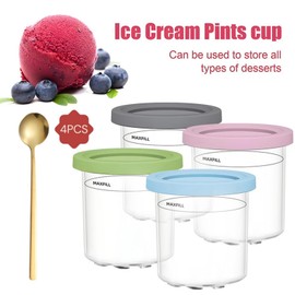 4-teiliges Behälter-Set für Ninja Creami Deluxe Pints, 16-Unzen-Eisbehälter-Deckel, Edelstahllöffel für NC299AM-, NC300-, NC301-Serie, Eiscremebehälter für Ninja-Eismaschine, Zubehör für Ninja Creami