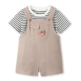 Volunboy Unisex Baby Short Overalls Jumpsuit & T-Shirt 2 Piece Outfit Summer Clothing Set(Tag Size 80,12-18 Months,Beige Pink