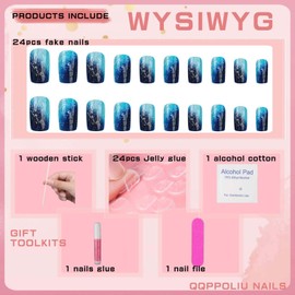 QQPPOLIU Short Press on Nails Square Shape with Sea Wave Design Acrylic Nails Winter Press on Nails