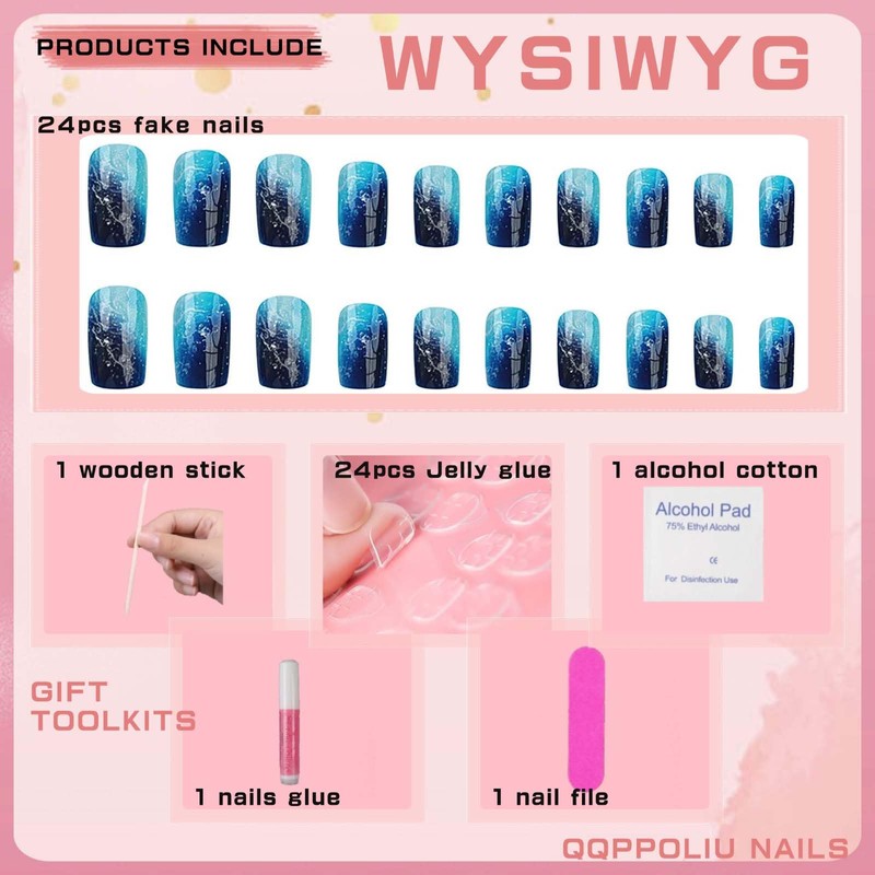 QQPPOLIU Short Press on Nails Square Shape with Sea Wave