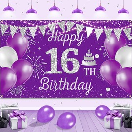 Sweet 16 Birthday Party Decorations,Purple Silver Happy 16th Birthday Banner Backdrop,16th Birthday Decorations for Girls 16 Years Old Birthday Party Poster Supplies Decor Favors Background 72.8x43.3