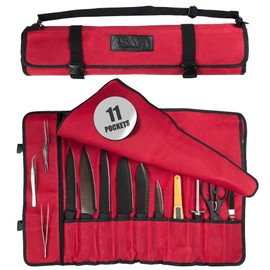 Asaya Canvas Chef Knife Roll Bag - 10 Knife Slots and a Large Zipper Pocket - Durable 10oz Canvas Knife Case with an Adjustable Shoulder Strap - Knives not Included (Red)