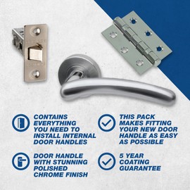 UAP Door Handle Pack - Door Handle Set for Internal Doors, with Handles, Hinges, Tubular Mortice Latch, Intelligent Hardware Latch Pack, Polished Chrome Satin Chrome Blister Pack (Omega Style Handle)
