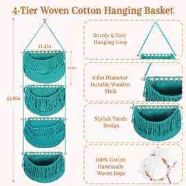 4 Tier Hanging Fruit Basket for Kitchen, 4 Pack Detachable Cotton Crocheted Wall Hanging Baskets Shelf Over Door Organizer for Fruit Veggie Plant, Hanging Storage Basket for Bathroom Bedroom(Aqua)