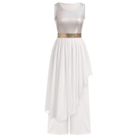 IBAKOM Praise Dance Dress for Women Worship Overlay and Tunic White Baggy Pant Metallic Tank Top Skirt Lyrical Contemporary Dance Costume Holy Temple Liturgical Dancewear White S