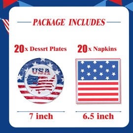 40Pcs Patriotic Paper Plates and Napkins Set - Patriotic Party Supplies,4th of July Tableware Decorations for Independence Day,Veterans Election Memorial Day,Red White Blue Party Decor, Serve 20