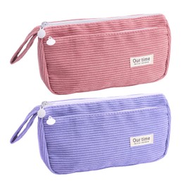 2-Piece Corduroy Pencil Case Set, Large Double-Layer Pencil Case with Zip, Handle & High Capacity Aesthetic Pencil Case for Girls, School, Office, Travel, Pink & Purple Pen Bag