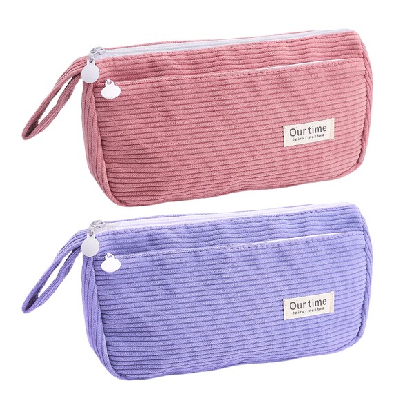 2-Piece Corduroy Pencil Case Set, Large Double-Layer Pencil Case with