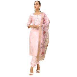 VredeVogel Kurta Set with Dupatta | Silk Blend Kurta Set for Women | Women's Ethnic Casual Kurti Set |Kurta Pant Festive Suit (Pink_X-Large)