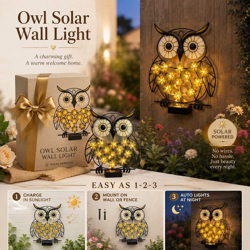 Owl Solar Wall Light for Outdoor Decor – Metal LED