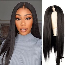 Matthia V Part Wig Synthetic Long Hair Straight Glueless Wigs for Black Women, No Leave Out V Part Wigs Upgrade U Part Wigs Clip in Thin Part Half Wigs for Black Women Natural Color 22 Inch(1B#)
