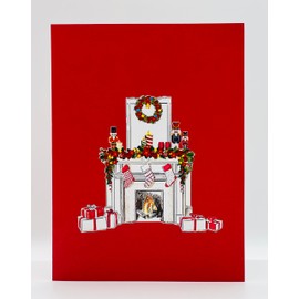 Three Dee Cards Modern Christmas Fireplace Pop Up Card - 3D Living Room Atmosphere with Tree, Presents, and Armchair - Elegant Holiday Greeting Perfect for Festive Season