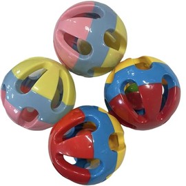 Pet Rattle Balls 4 Pack for Dogs, Pigs, Rabbits, or Other Small Pets - Interactive Chew Toy for Fetch or Treat Dispensing (Red Blue Yellow & Pink Blue Yellow)