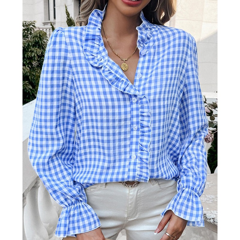 MINTLIMIT Womens Plaid Blouse Peasant Button Down Ruffle Neck Plaid