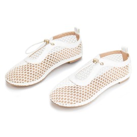 Gothictor Mesh Ballet Flats for Women Drawstring Comfortable Round Toe Women's Flats Versatile Casual Office Shoes White，7