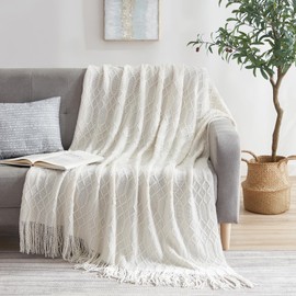 KASYLAN 100% Acrylic Knitted Throw Blanket Textured Solid Soft Decorative Throw for Sofa, Couch, Bed,127x152cm,Off White