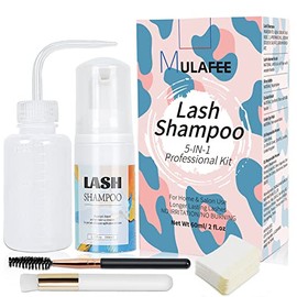 MULAFEE Eyelash Extension Cleanser, Lash Extension Shampoo Kit, Oils, Paraben & Sulfate Free Foaming 60 ML Eyelash Shampoo with Rinse Bottle and Soft Brush Safe for Salon Use and Home Care