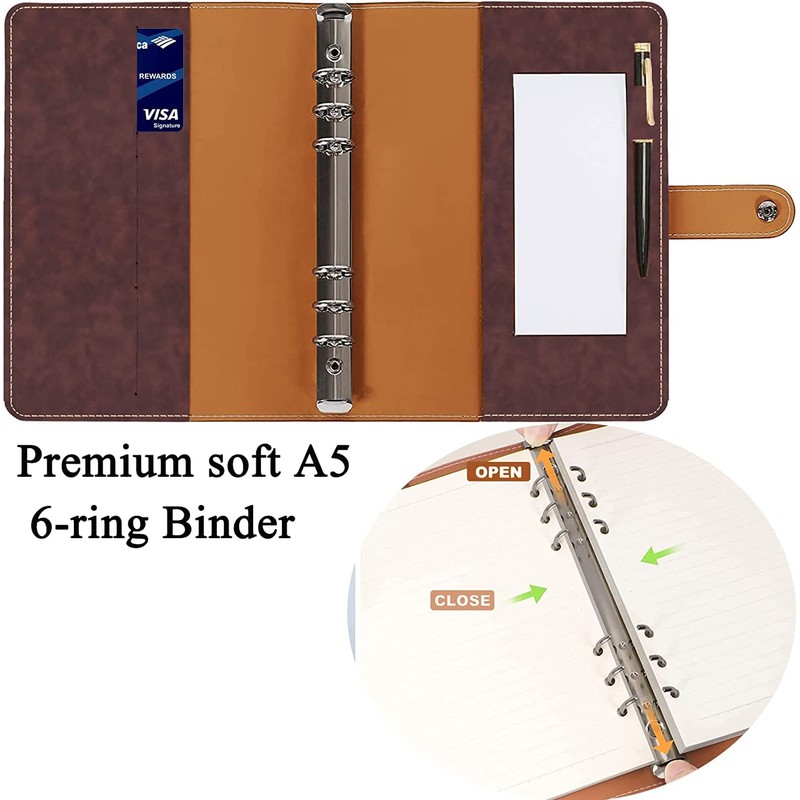 Leather Notebook Binder A5, PU Leather Refillable Notebook Ring Binder