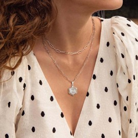 KissYan Initial Necklaces for Women, 14K Gold Plated Hexagon Letter Pendant Silver Chain Dainty Layered White Gold Paperclip Link Adjustable Capital A-Z Choker Necklace Trendy Jewelry Gifts