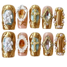 Handmade Press On Nails Luxury Baroque Gold Cross, Cherubs & Pearl Frames | Medium/Short Square | Reusable Thick Acrylic False Nails (Baroque, M)