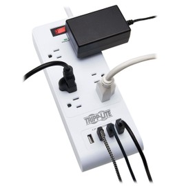 Tripp Lite 6 Outlet Surge Protector Power Strip 4 USB Ports 4.2A Fast Charge, 15 ft. Cord 900 Joules, White, (TLP64USBRA15)