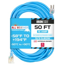 Iron Forge Cable 50 Ft All Weather Extension Cord - Stays Flexible in Extreme Cold & Hot Temperatures from -58°F to +194°F - 12/3 SJEOW Heavy Duty Lighted Outdoor Extension Cable