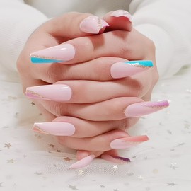 French Long Glossy Coffin Press on Nails Pink Ballerina Fake Nails Flash False Nails Tips Full Cover Stick on Nails for Women Girls 24 PCS