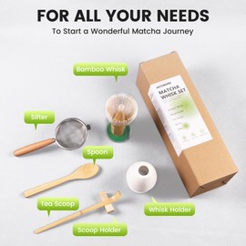 Accwork Matcha Whisk Set with Sifter, Bamboo Whisk (Chasen), Tea Spoon, Spoon Holder, Scoop and Whisk Holder, 6Pcs Matcha Making Kit for Traditional Japanese Tea Ceremony
