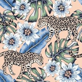 VEELIKE Peach Tropical Wallpaper Peel and Stick Removable Exotic Leopard Jungle Wallpaper Mural for Nursery Bedroom Bathroom 17.7''x354'' Self Adhesive Cheetah Mural Contact Paper for Walls Cabinets