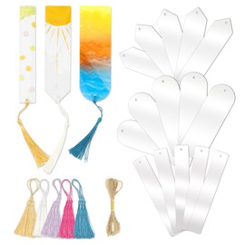 RAHATA - Marcadores acrílicos en blanco a granel, 31 marcapáginas transparentes de plástico en blanco, 15 juegos con 5 borlas de color y cuerda para manualidades de vinilo (3 formas de marcadores)