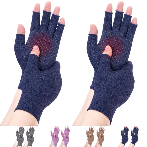 DRNAIETY 2 Pairs Arthritis Compression Gloves, for Women & Men Hand Arthritis, Anti-Slip Glue dot Gloves for Work（M Navy Blue）