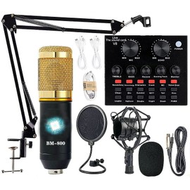 Podcast Equipment Bundle, BM-800 Recording Studio Package with Voice Changer, Live Sound Card - Audio Interface for Laptop Computer Vlog Living Broadcast Live Streaming YouTube TikTok (AM100-V8)