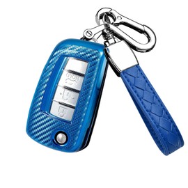 HIBEYO Key Fob Case Protection Fit for Nissan Rogue Rogue Select Rogue Sport Sylphy Pulsar Sentra Flip Folding 3 Buttons Key Holder with Keychains Soft TPU Key Accessories-Blue