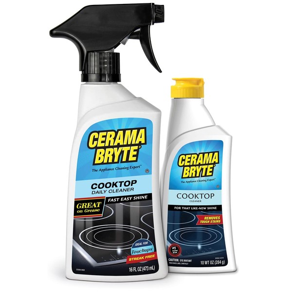 Cerama Bryte Heavy-Duty + Daily Spray Stove Top and Cooktop Cleaner Combo Kit for Glass and Ceramic Surfaces, 16 & 10 Ounces, 2 Pack