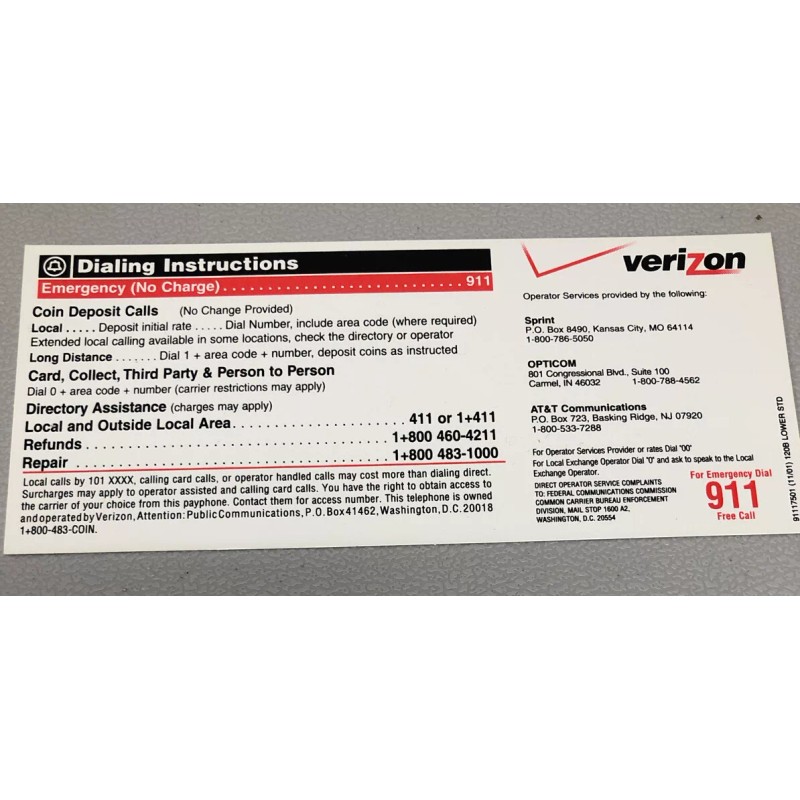 Automatic Electric Verizon PAYPHONE INSTRUCTION CARDS For Automatic Electric 120B