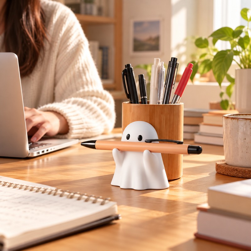 White Ghost Pen Holder for Desk – Cute Halloween Pencil