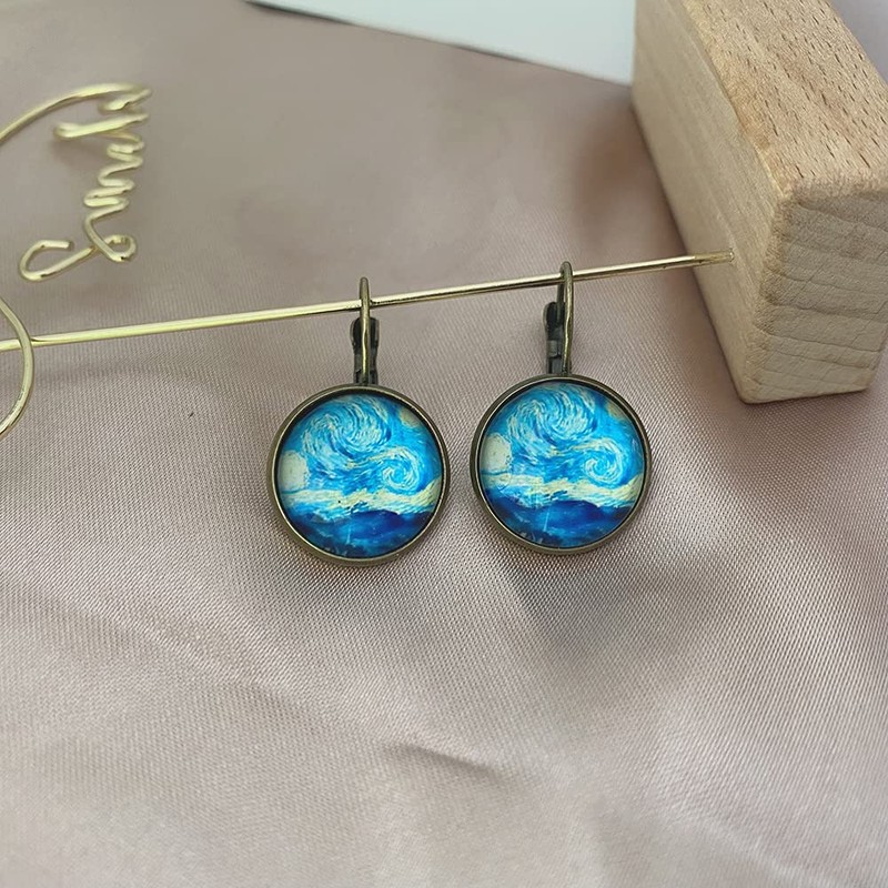 Vintage Starry Night Landscape Painting Glass Dangle Earrings for Women
