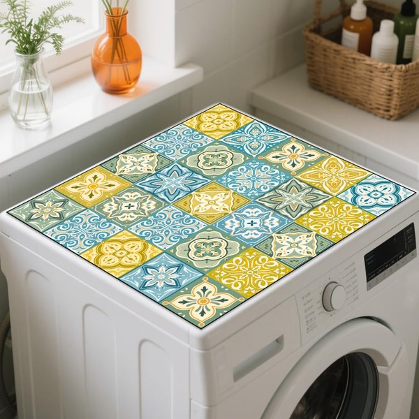 GLOBLELAND Tile Pattern Washer Dryer Dust Cover 23.6×23.6inch Retro Mandala