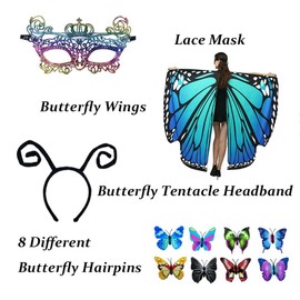HAPNBCELE Butterfly Wings Costume for Women Double-Sided Butterfly Fairy Dress up Wings Cape Shawl Masquerade Lace Masks Headband Hair Clips(11 PCS)-Starry Sky