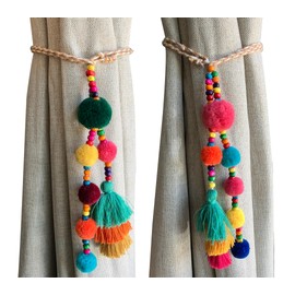 Alzapaños de cortina bohemios de decoración bohemia, 2 unidades, decoración de pompones y borlas, cortinas bohemias, decoración de sala de estar, cortinas con abalorio, alzapaños coloridos